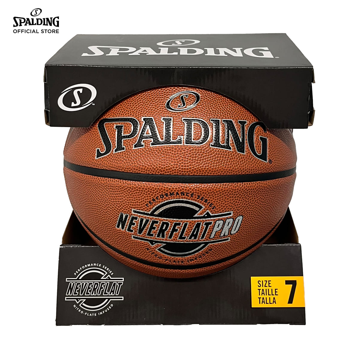 ลูกบาส SPALDING รุ่น NEVERFLAT PRO ลูกบาสเกตบอล หนัง PU, เบอร์ 7, ไม่ต้องเติมลม